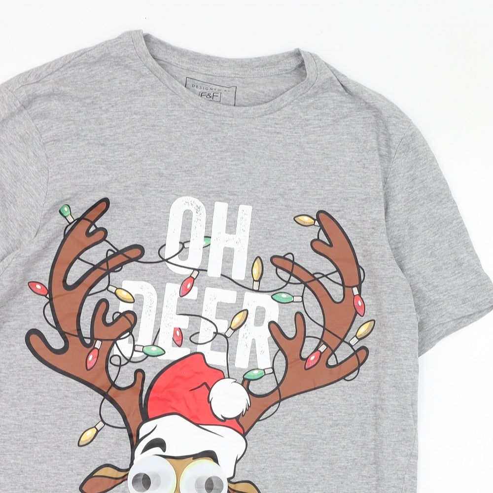 F&F Mens Grey  Cotton  T-Shirt Size M Round Neck  - Christmas, Oh deer