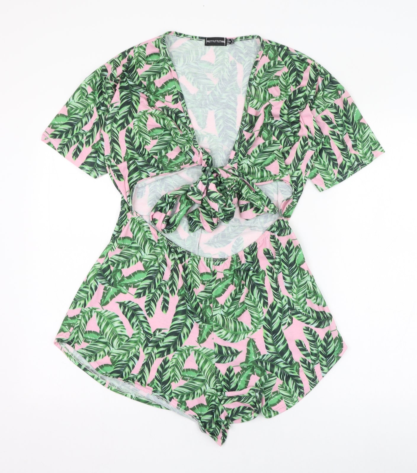 PRETTYLITTLETHING Womens Green Floral Polyester Playsuit One-Piece Size 12  Tie