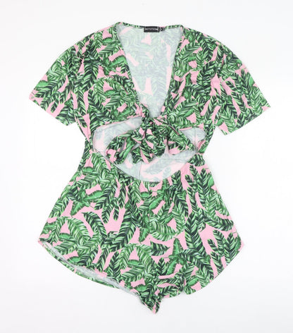 PRETTYLITTLETHING Womens Green Floral Polyester Playsuit One-Piece Size 12  Tie
