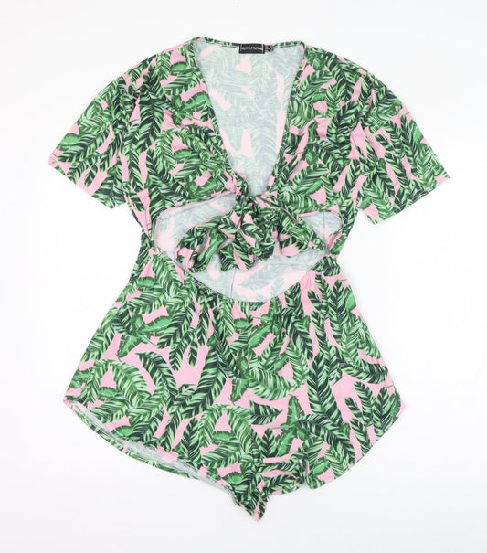 PRETTYLITTLETHING Womens Green Floral Polyester Playsuit One-Piece Size 12  Tie