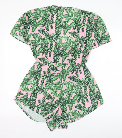 PRETTYLITTLETHING Womens Green Floral Polyester Playsuit One-Piece Size 12  Tie