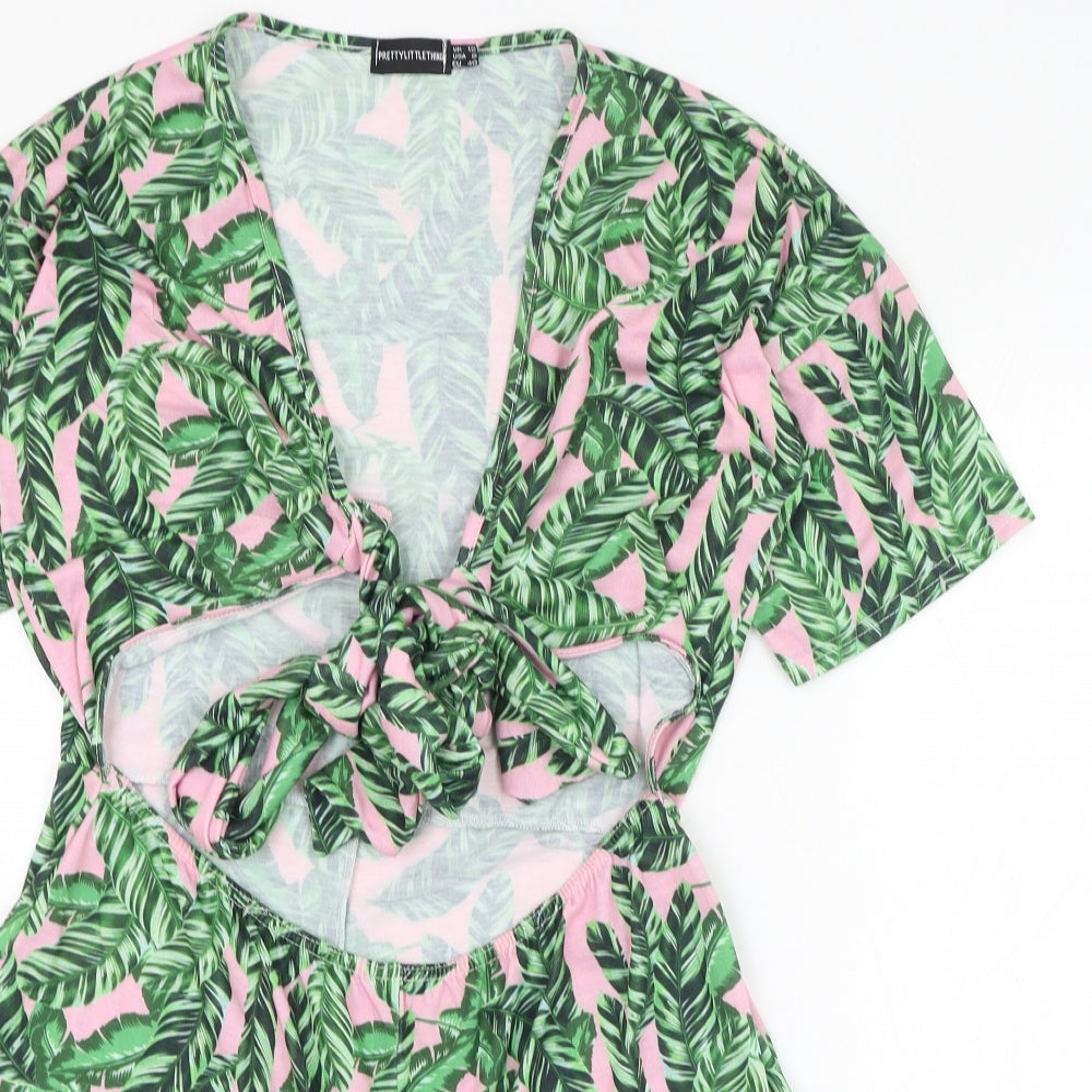 PRETTYLITTLETHING Womens Green Floral Polyester Playsuit One-Piece Size 12  Tie