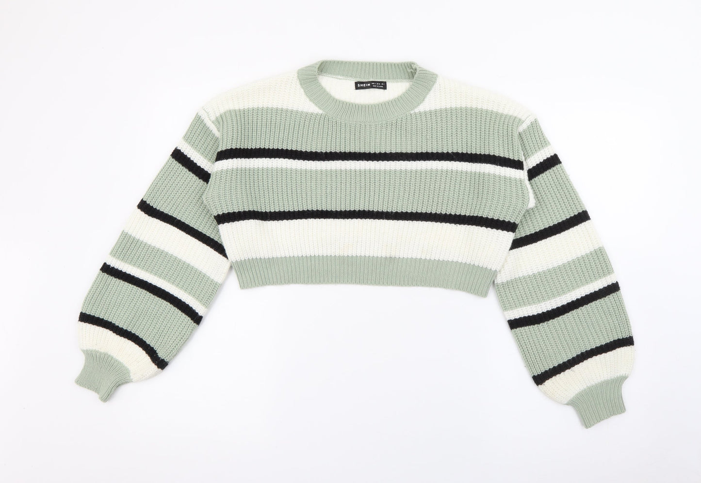 SheIn Womens Green Crew Neck Striped Acrylic Pullover Jumper Size S