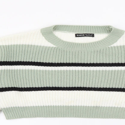 SheIn Womens Green Crew Neck Striped Acrylic Pullover Jumper Size S
