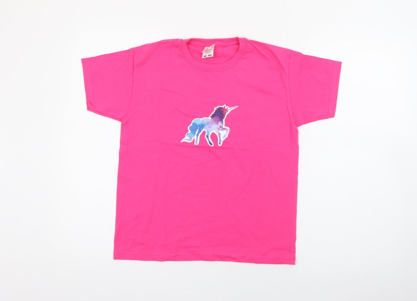 Fruit of the Loom Girls Pink  Cotton Pullover T-Shirt Size 7-8 Years Crew Neck  - Unicorn