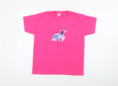 Fruit of the Loom Girls Pink  Cotton Pullover T-Shirt Size 7-8 Years Crew Neck  - Unicorn
