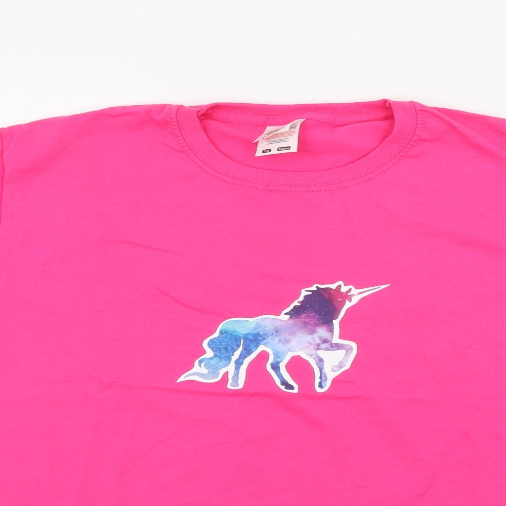 Fruit of the Loom Girls Pink  Cotton Pullover T-Shirt Size 7-8 Years Crew Neck  - Unicorn