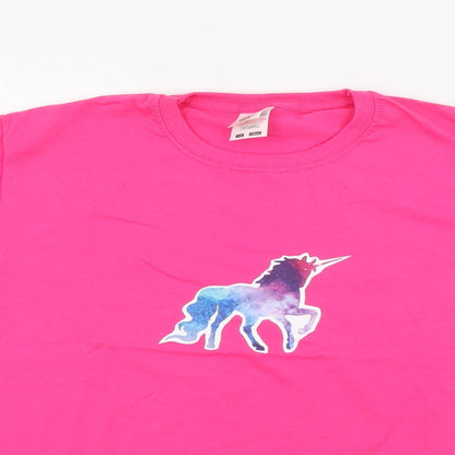 Fruit of the Loom Girls Pink  Cotton Pullover T-Shirt Size 7-8 Years Crew Neck  - Unicorn