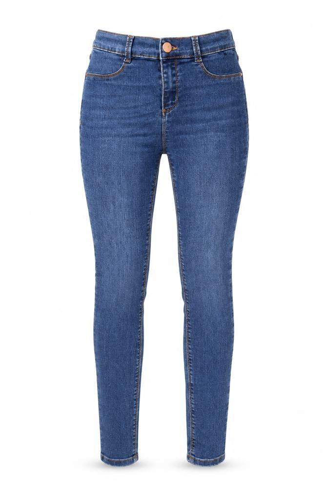 Front view of Dorothy Perkins women’s blue cotton skinny jeans, size UK 8, 28-inch leg regular button