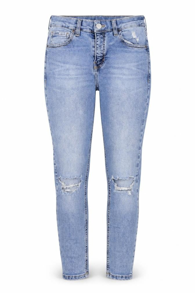 Front view of Topshop women’s blue cotton skinny jeans, size UK 28, in, 26-inch leg regular
