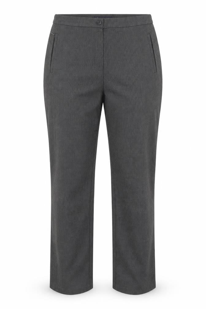 Front view of Marks & Spencer women’s grey houndstooth polyester trousers, size UK 10, 30-inch leg slim
