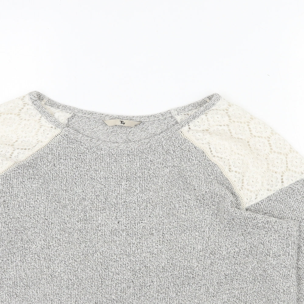 Close-up detail of Tu women’s grey polyamide pullover sweatshirt, size UK 12, pullover - lace shoulders