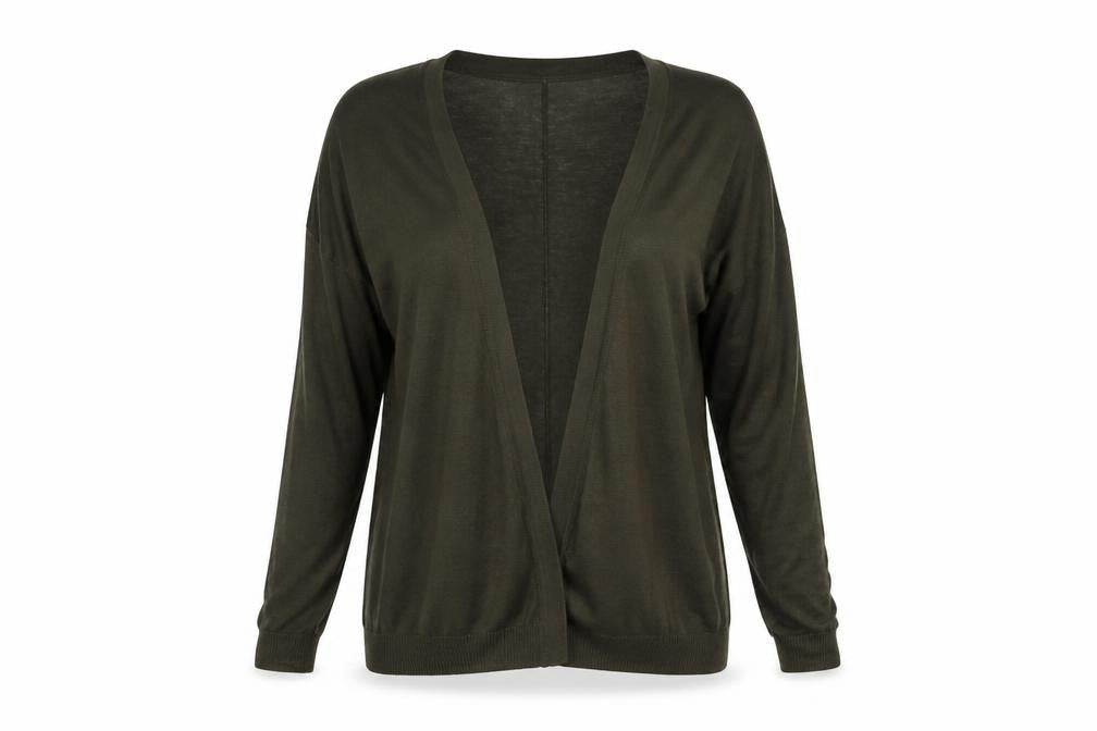 Front view of H&M women’s green v-neck acrylic cardigan jumper, size S