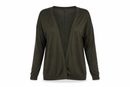 Front view of H&M women’s green v-neck acrylic cardigan jumper, size S