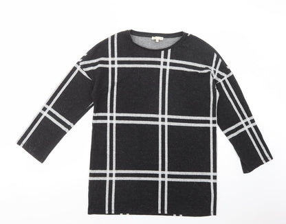 F&F Womens Black Crew Neck Plaid Polyester Tunic Jumper Size 10