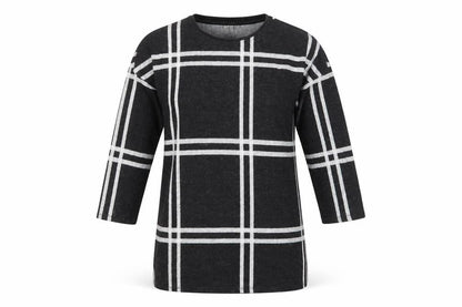 Front view of F&F women’s black crew neck plaid polyester tunic jumper, size UK 10