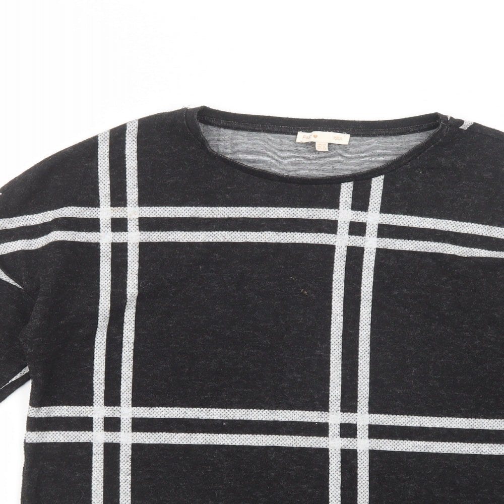 F&F Womens Black Crew Neck Plaid Polyester Tunic Jumper Size 10