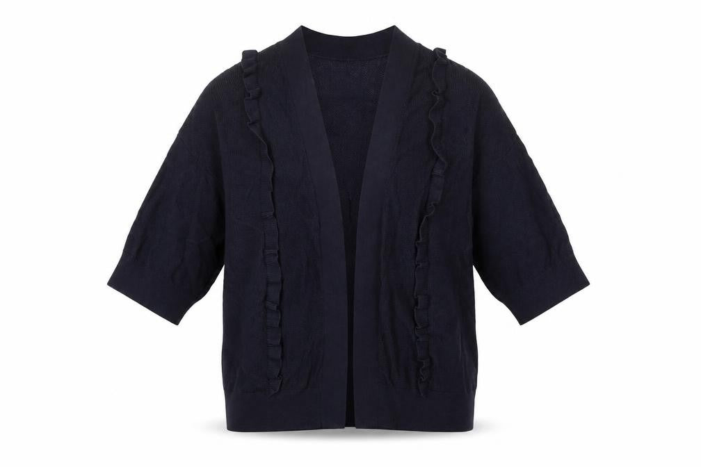 Front view of Per Una women’s blue v-neck viscose cardigan jumper, size UK 12
