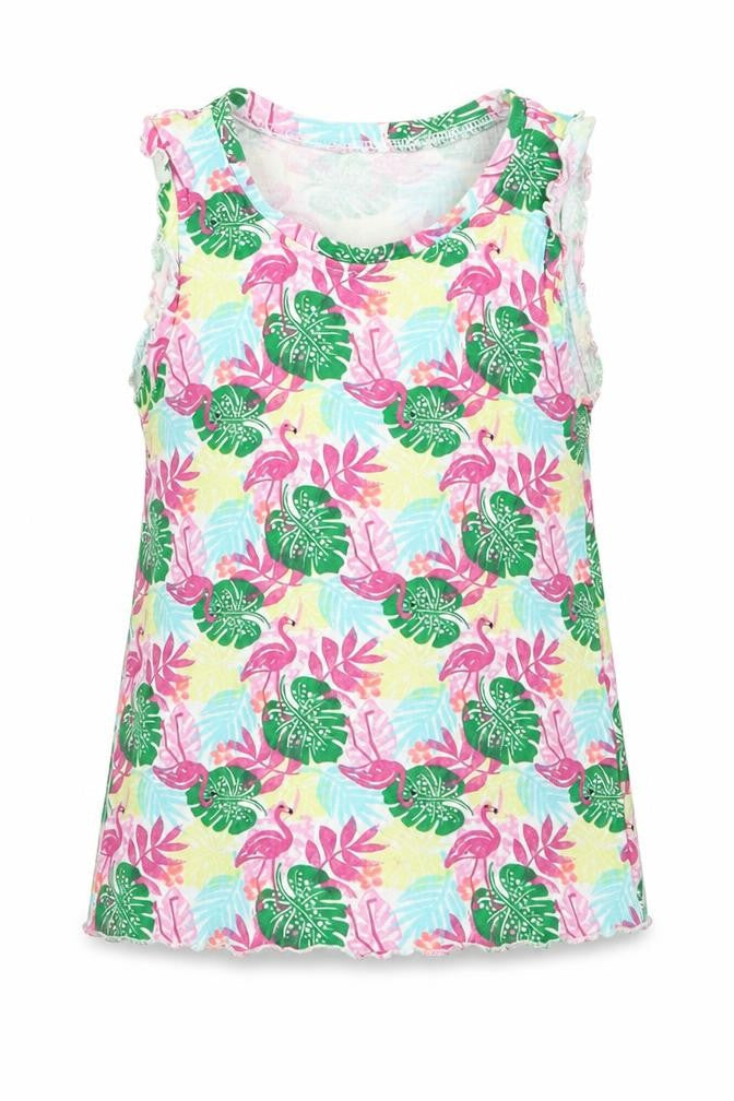 Front view of Matalan girls’ multicoloured geometric cotton basic tank, size 3-4, years crew neck pullover - flamingo prints