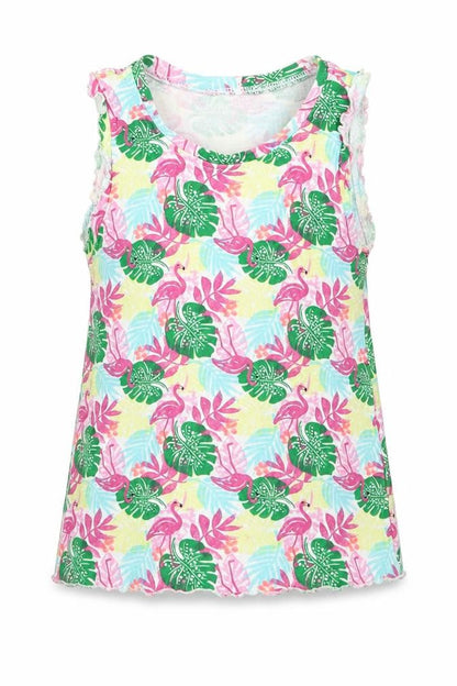 Front view of Matalan girls’ multicoloured geometric cotton basic tank, size 3-4, years crew neck pullover - flamingo prints