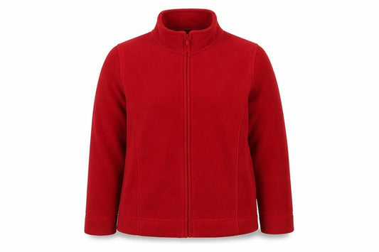 Front view of Isle women’s red jacket, size UK 14, zip