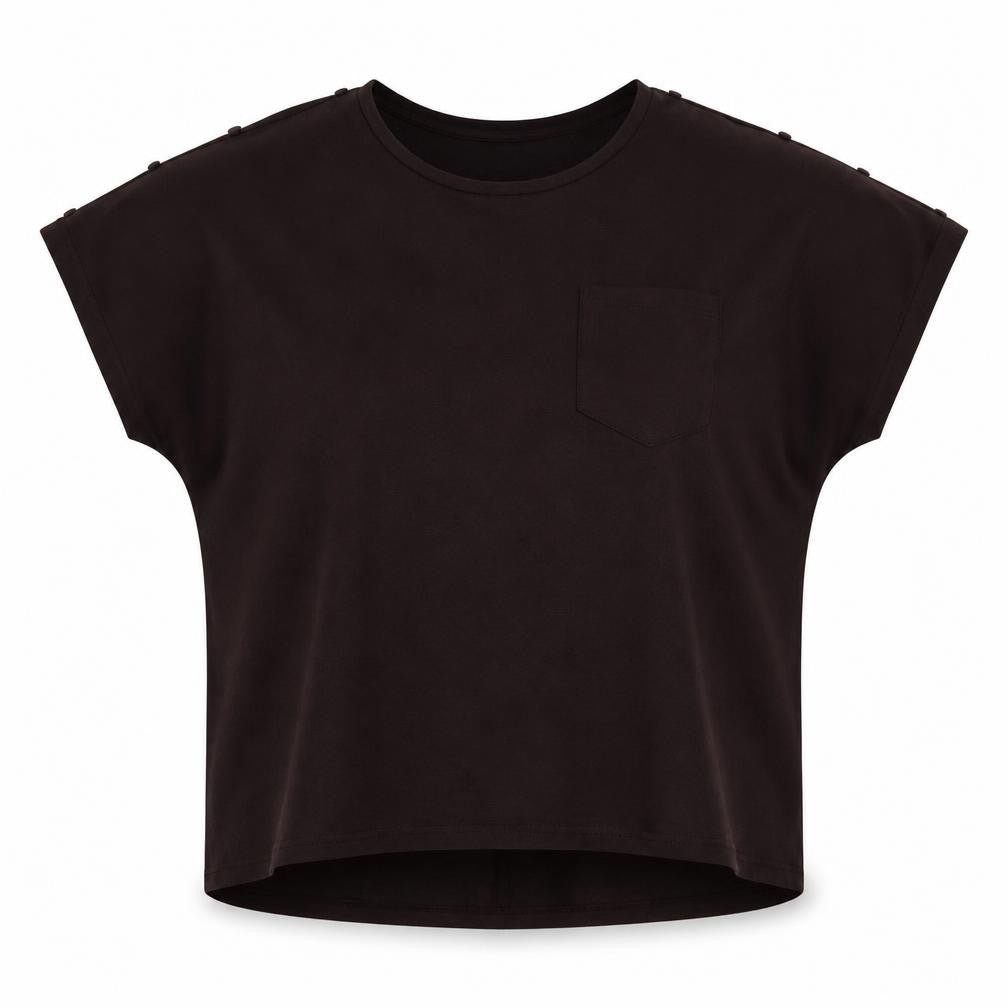 Front view of Pep&Co women’s brown polyester jersey blouse, size M, round neck - buttons on sleeves