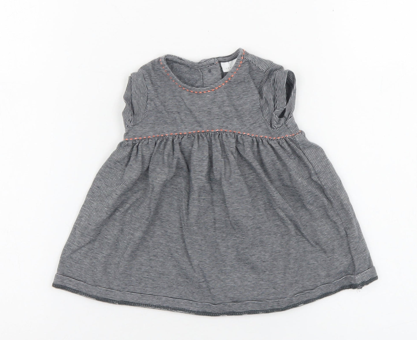 NEXT Girls Grey Striped 100% Cotton Skater Dress  Size 0-3 Months  Round Neck Button