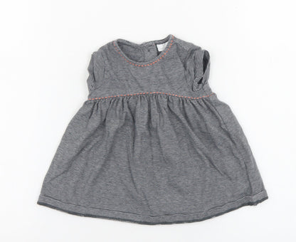 NEXT Girls Grey Striped 100% Cotton Skater Dress  Size 0-3 Months  Round Neck Button