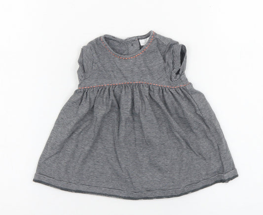 NEXT Girls Grey Striped 100% Cotton Skater Dress  Size 0-3 Months  Round Neck Button