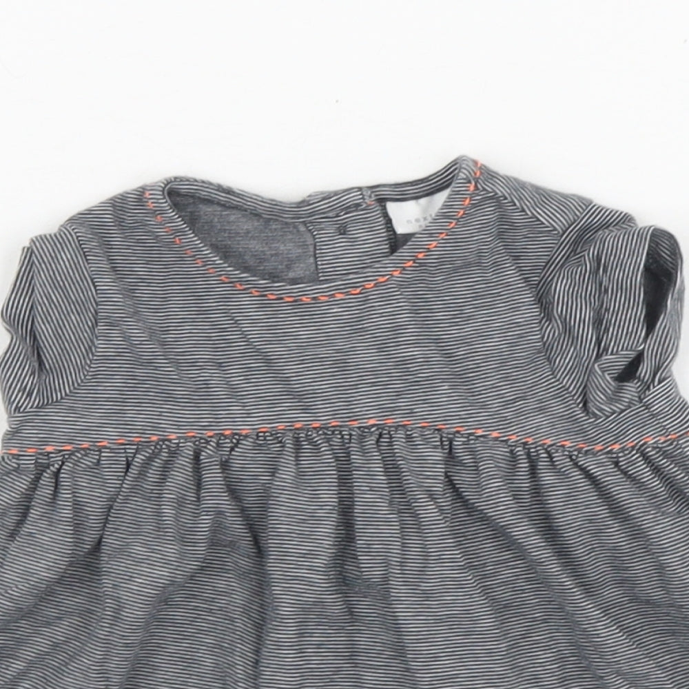 NEXT Girls Grey Striped 100% Cotton Skater Dress  Size 0-3 Months  Round Neck Button
