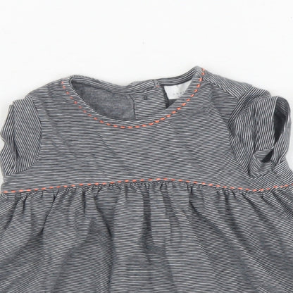 NEXT Girls Grey Striped 100% Cotton Skater Dress  Size 0-3 Months  Round Neck Button