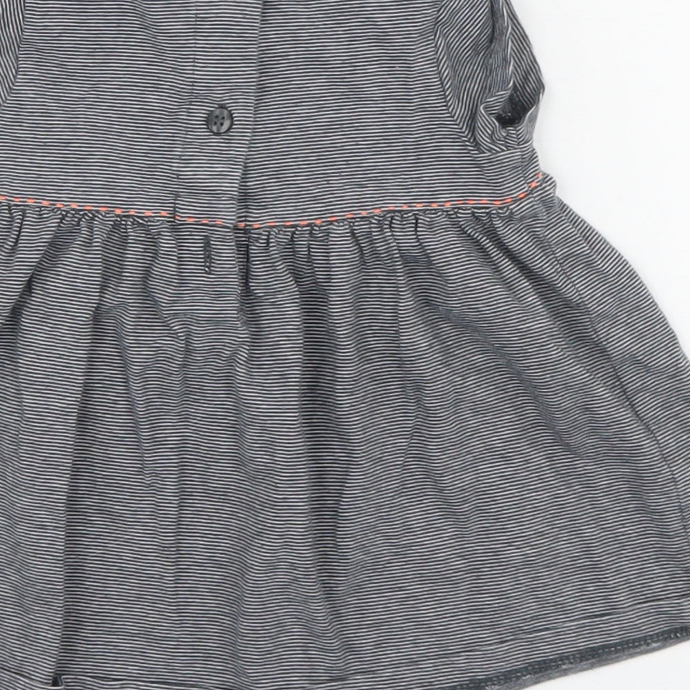 NEXT Girls Grey Striped 100% Cotton Skater Dress  Size 0-3 Months  Round Neck Button