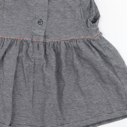 NEXT Girls Grey Striped 100% Cotton Skater Dress  Size 0-3 Months  Round Neck Button