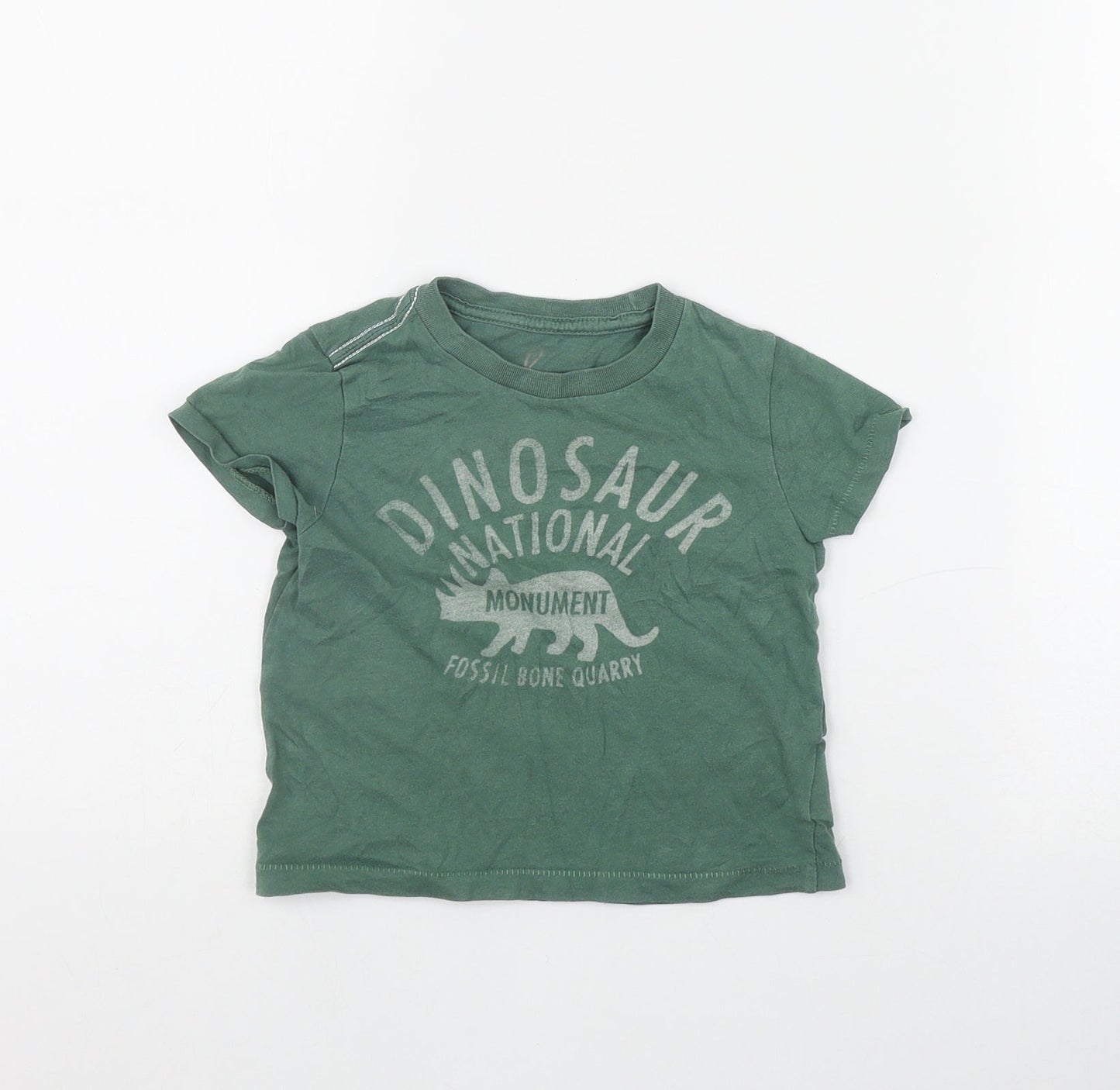 Little Peanut Boys Green  Cotton Basic T-Shirt Size 6-9 Months Round Neck Pullover - Dinosaur
