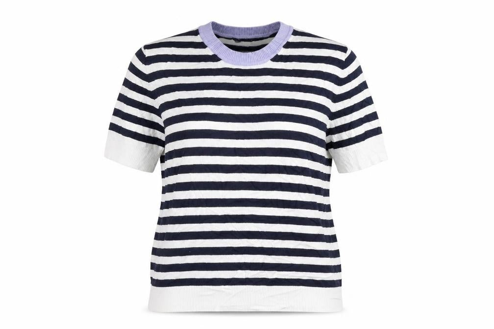 Front view of Marks & Spencer women’s blue round neck striped viscose jumper, size UK 12