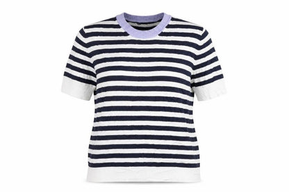 Front view of Marks & Spencer women’s blue round neck striped viscose jumper, size UK 12