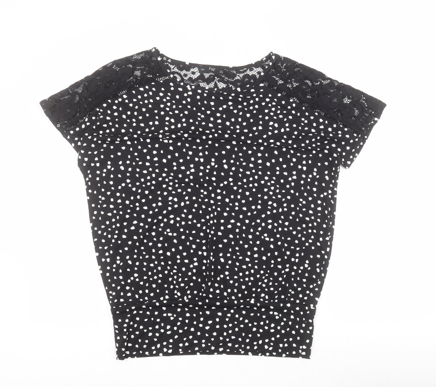 F&F Womens Black Polka Dot Viscose Basic T-Shirt Size 8 Round Neck
