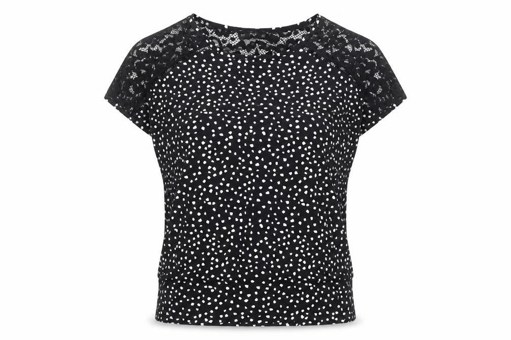 Front view of F&F women’s black polka dot viscose basic t-shirt, size UK 8, round neck