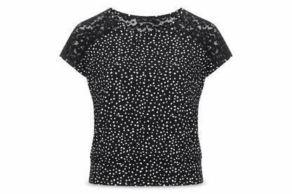 Front view of F&F women’s black polka dot viscose basic t-shirt, size UK 8, round neck