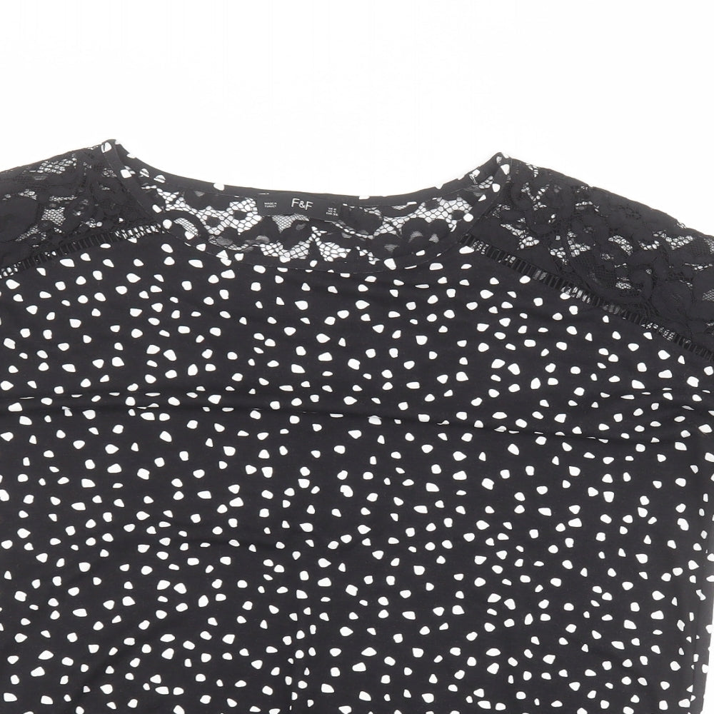 F&F Womens Black Polka Dot Viscose Basic T-Shirt Size 8 Round Neck