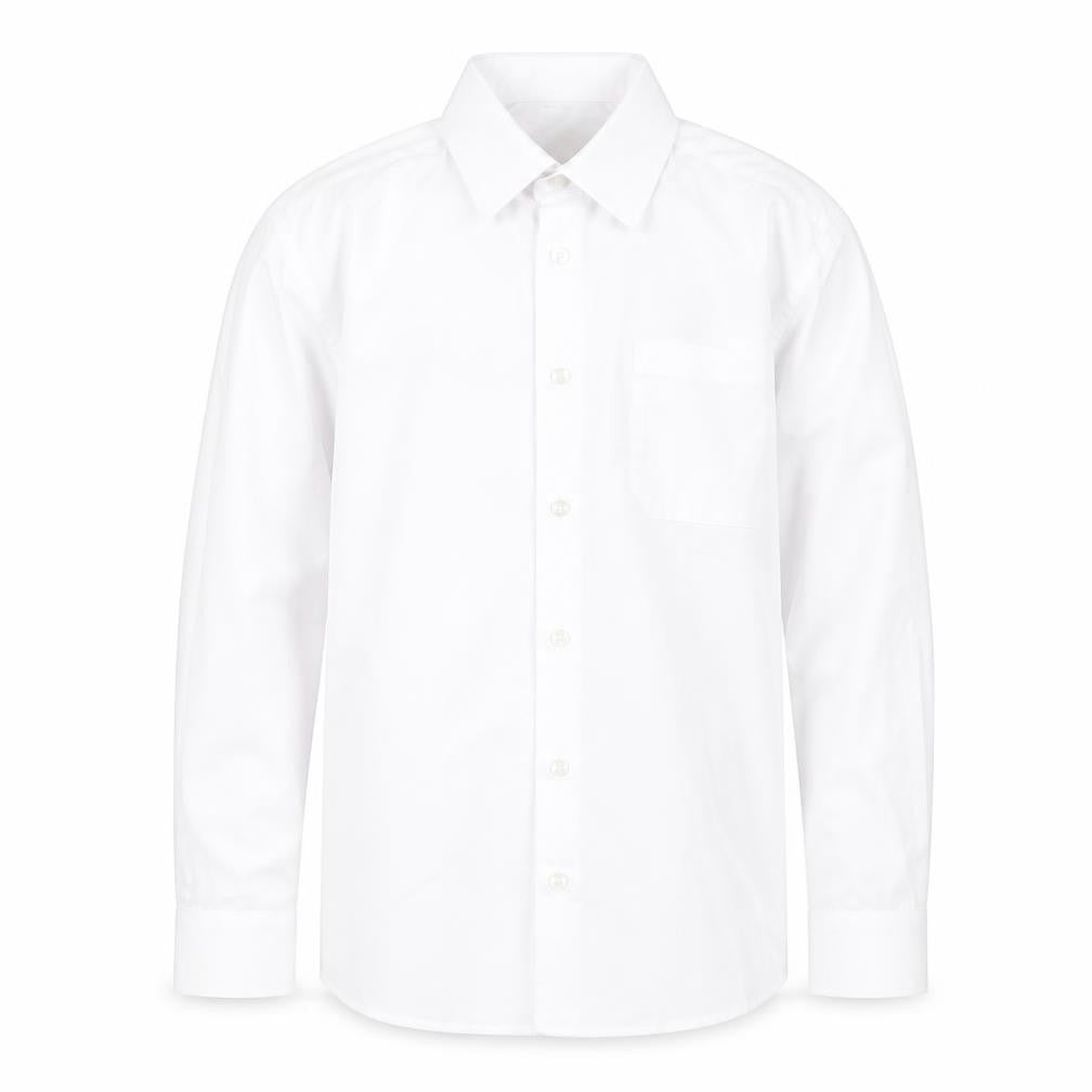 Front view of George boys’ white polyester basic button-up, size 10-11, years collared button - school