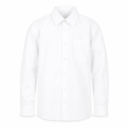 Front view of George boys’ white polyester basic button-up, size 10-11, years collared button - school