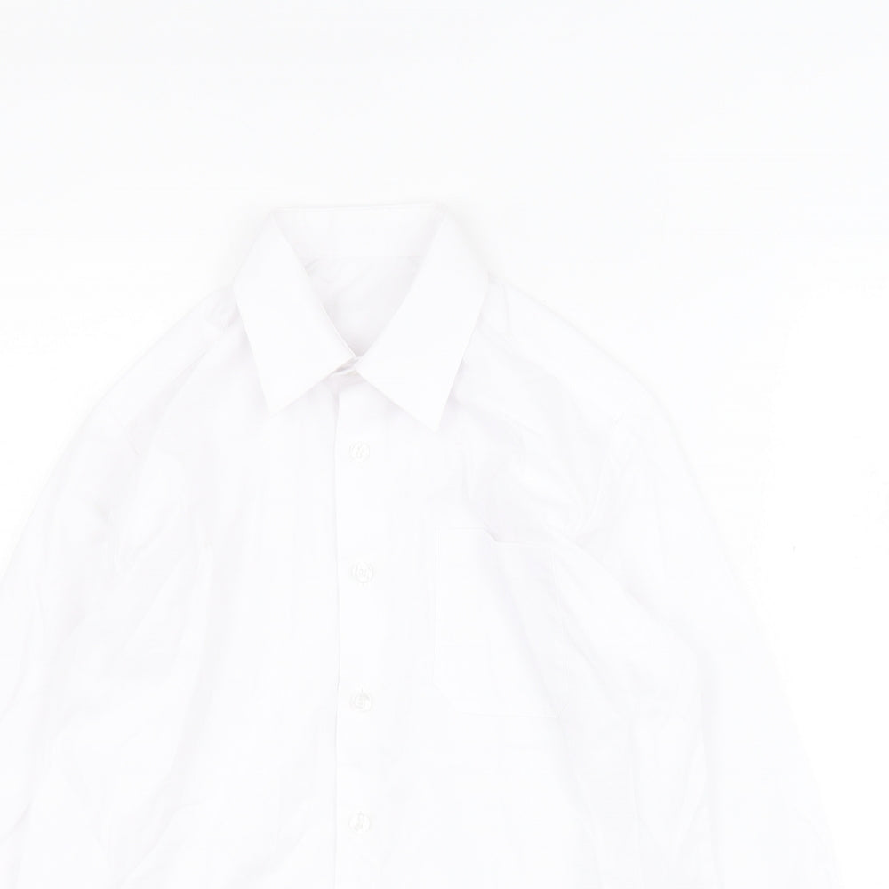Close-up detail of George boys’ white polyester basic button-up, size 10-11, years collared button - school