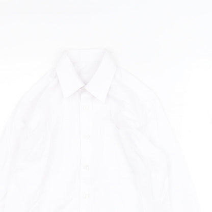 Close-up detail of George boys’ white polyester basic button-up, size 10-11, years collared button - school