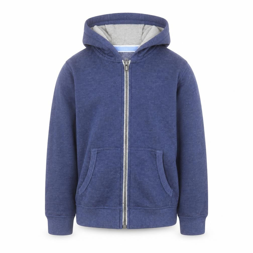 Front view of Dunnes boys’ blue cotton full zip hoodie, size S, zip