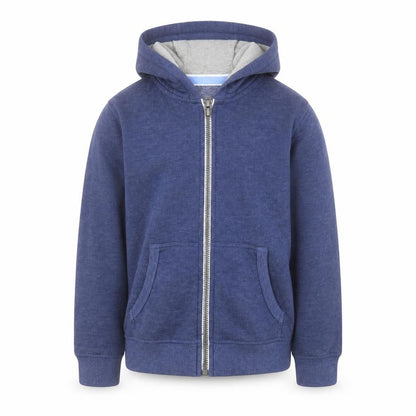 Front view of Dunnes boys’ blue cotton full zip hoodie, size S, zip