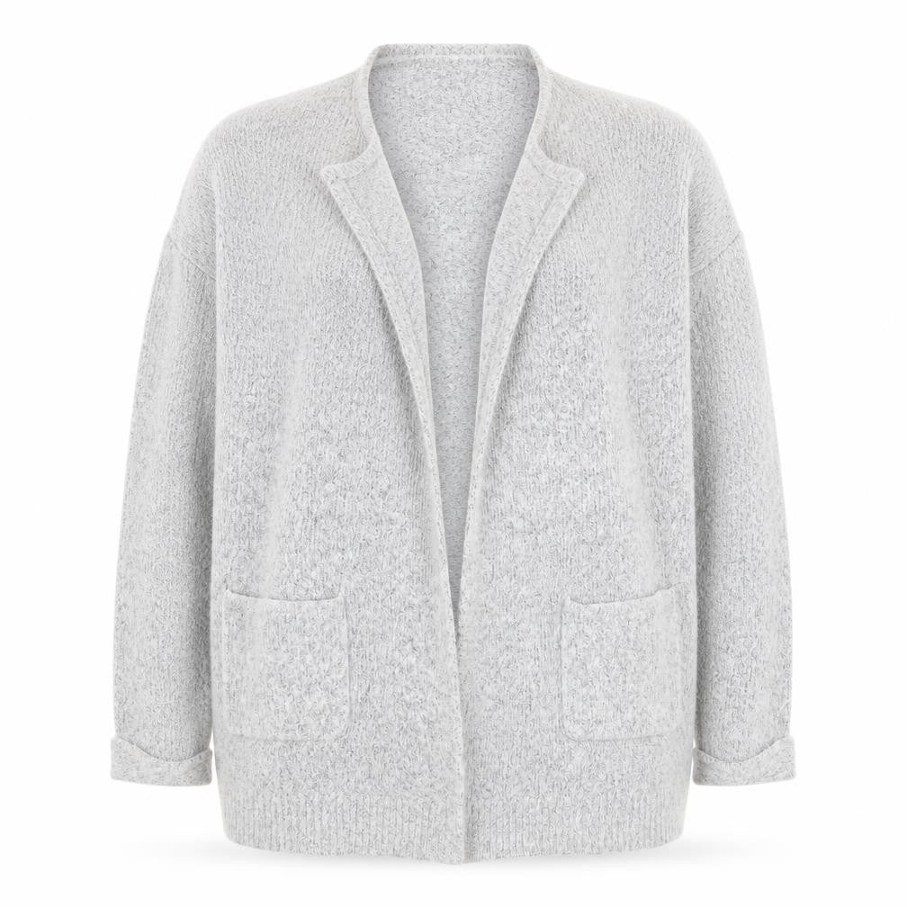 Front view of F&F women’s grey v-neck acrylic cardigan jumper, size UK 12