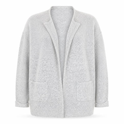 Front view of F&F women’s grey v-neck acrylic cardigan jumper, size UK 12