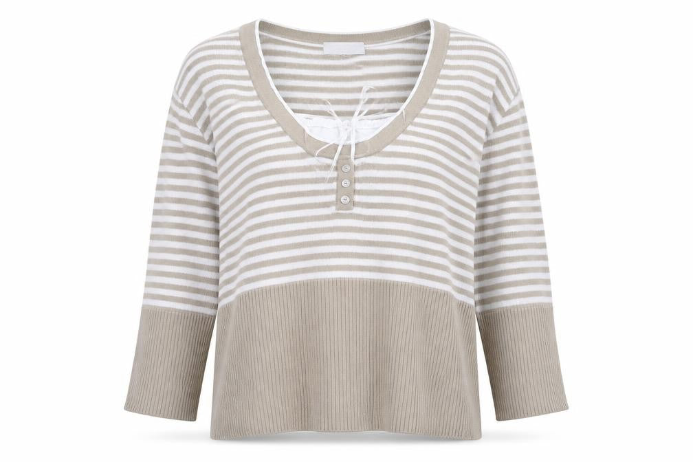 Front view of HEINE women’s beige scoop neck striped 100% cotton jumper, size UK 14