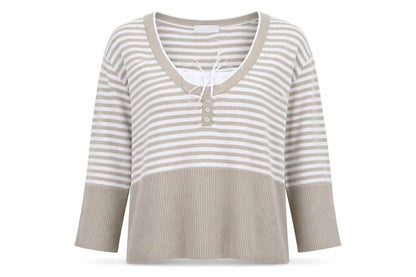 Front view of HEINE women’s beige scoop neck striped 100% cotton jumper, size UK 14
